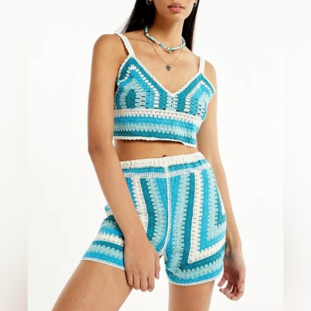 Rebellion Again Women’s Blue Crochet Bralette and Shorts Set Outfit Size Medium